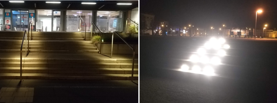 Blinding lights (left), well-illuminated staircase (right)